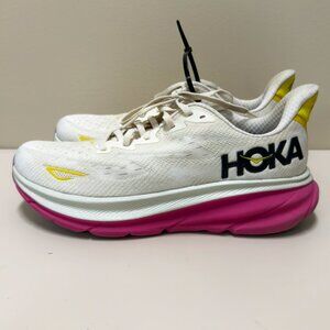 Women's HOKA One Clifton 9 White and Pink Size 9.5 B Running Shoes